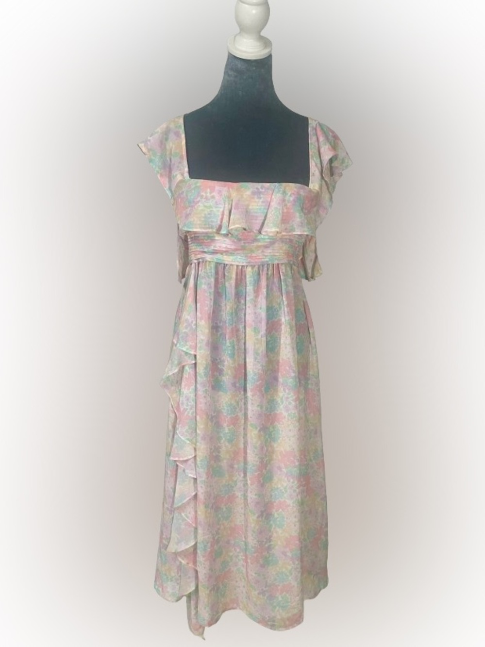 For Love & Lemons Dress Small Floral Ruffle Flutter Sleeve Square Neck Midi